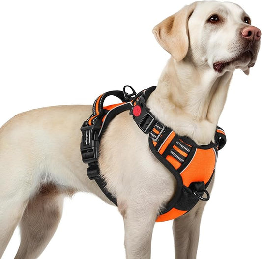 rabbitgoo Dog Harness for Large, No Pull Pet Harness with 3 Buckles, Adjustable Soft Padded Pooch Vest with Instant Control Handle, Easy Walking Reflective Pet Vest for Large Dogs, Orange, L rabbitgoo