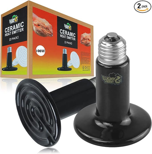 LUCKY HERP 100W Ceramic Heat Emitter, Reptile Heat Bulbs, Ceramic Heat Lamp for Reptiles, Amphibian, Chicken, Dog, Cat (2-Pack) LUCKYHERP