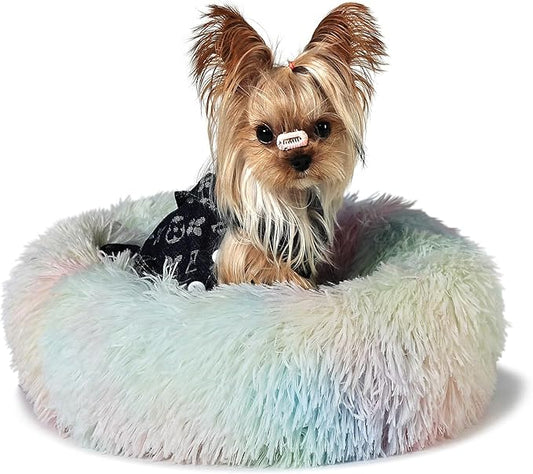 Fluffy Rainbow Dog Bed Extra Small Washable,Calming Dog Bed Rainbow for Small Dogs 15 inches Donut Soft Small Pet Bed,Anti Anxiety Round Fits up to 5 lbs Warm Comfort Pets Beds for Puppy Dogs Indoor - PAWPICO