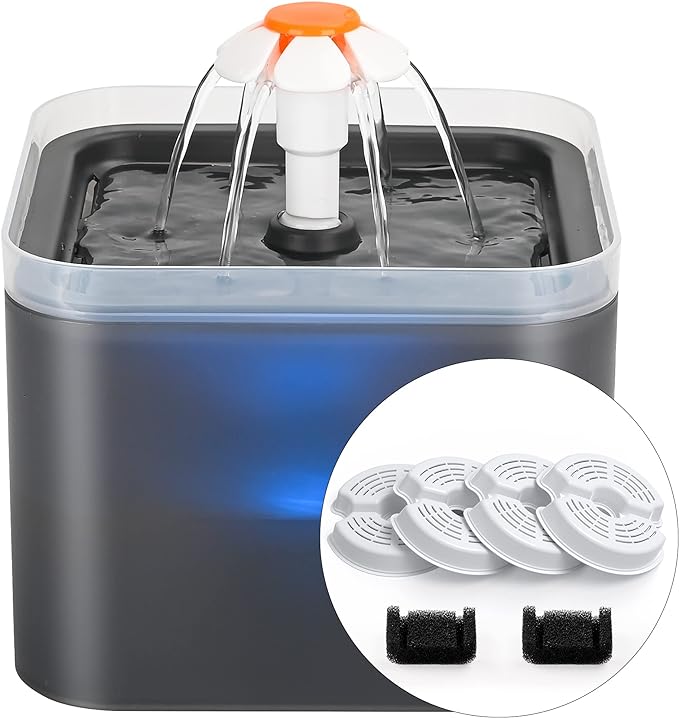 Cat Water Fountain 2 Liter : Cat Fountains for Drinking with Light - Small Pet Water Fountain - Kitty Water Fountain Cute - Cat Fountains for Drinking Easy to Clean - Including 4 Filters + 2 Sponges - PAWPICO