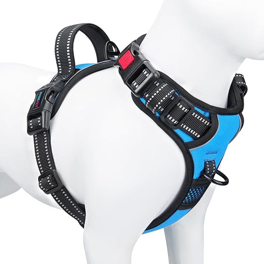 PHOEPET No Pull Dog Harness Medium Reflective Front Clip Vest with Handle,Adjustable 2 Metal Rings 3 Buckles,[Easy to Put on & Take Off](M, Blue) - PAWPICO