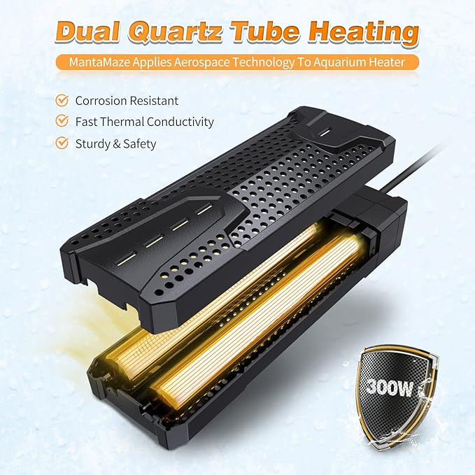Aquarium Heater 300W/500W/800W/1000W for 20-300 Gal, Fish Tank Heater with Intelligent Leaving Water Automatica Stop Heating and Overheating Protection, for Freshwater & Saltwater MantaMaze