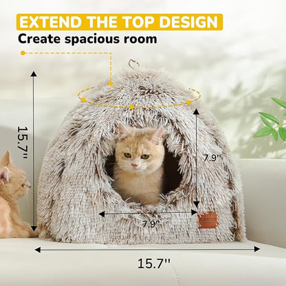 CATISM Cat Bed, Cat Cave for Indoor Cats, Soft Cat Dome, Self-Warming 2 in 1 Foldable Pet Cat House with Washable Cushioned Pillow Calming Fluffy Dog Beds for Small Dogs with Anti-Slip Bottom Brown - PAWPICO