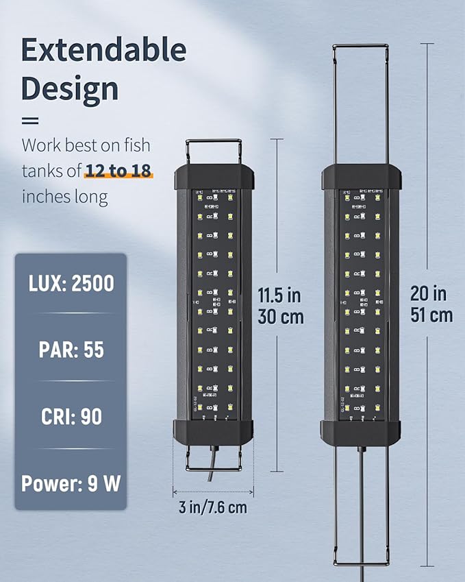 Pawfly 11W Aquarium LED Light for 12 to 18 Inch Fish Tanks Extendable Fish Tank Light with Full Spectrum Brilliant White Blue Red Lights with Daytime & Night Modes and Adjustable Brightness Pawfly