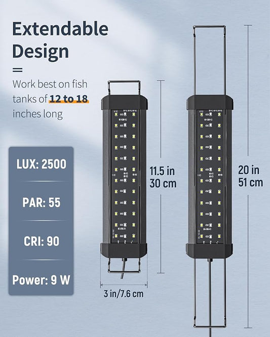 Pawfly 11W Aquarium LED Light for 12 to 18 Inch Fish Tanks Extendable Fish Tank Light with Full Spectrum Brilliant White Blue Red Lights with Daytime & Night Modes and Adjustable Brightness Pawfly