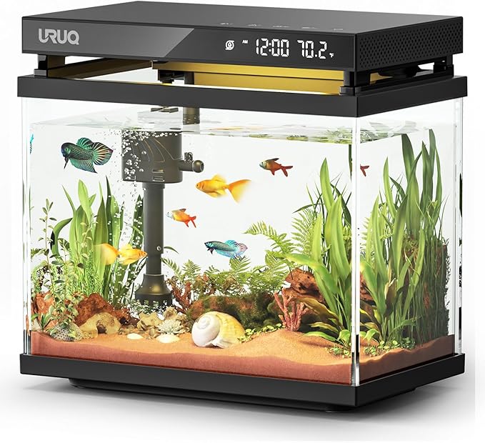 Fish Tank Smart Aquarium Kit: 2 Gallon UHD Glass Silent Water Pump Self Cleaning Multi-layer Filtration System - Temperature Sensing 7-color Lighting for Small Fish Betta Kids Room Desktop Decor Black URUQ