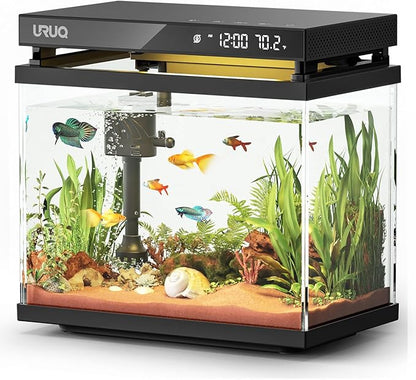 Fish Tank Smart Aquarium Kit: 2 Gallon UHD Glass Silent Water Pump Self Cleaning Multi-layer Filtration System - Temperature Sensing 7-color Lighting for Small Fish Betta Kids Room Desktop Decor Black URUQ