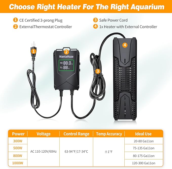 Aquarium Heater 300W/500W/800W/1000W for 20-300 Gal, Fish Tank Heater with Intelligent Leaving Water Automatica Stop Heating and Overheating Protection, for Freshwater & Saltwater MantaMaze