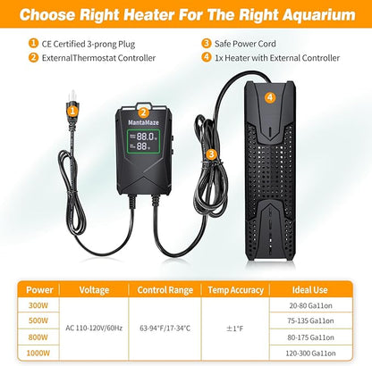 Aquarium Heater 300W/500W/800W/1000W for 20-300 Gal, Fish Tank Heater with Intelligent Leaving Water Automatica Stop Heating and Overheating Protection, for Freshwater & Saltwater MantaMaze