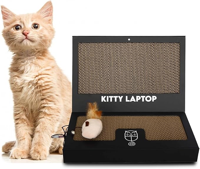Toy Cat Laptop with 2 Scratchboards + Catnip Mouse Toy for Cats + 50pack Cat Sticker - Interactive Eco-Friendly Cat Computer with Scratch Pad Laptop for Cats - Mini Cat Laptop - PAWPICO