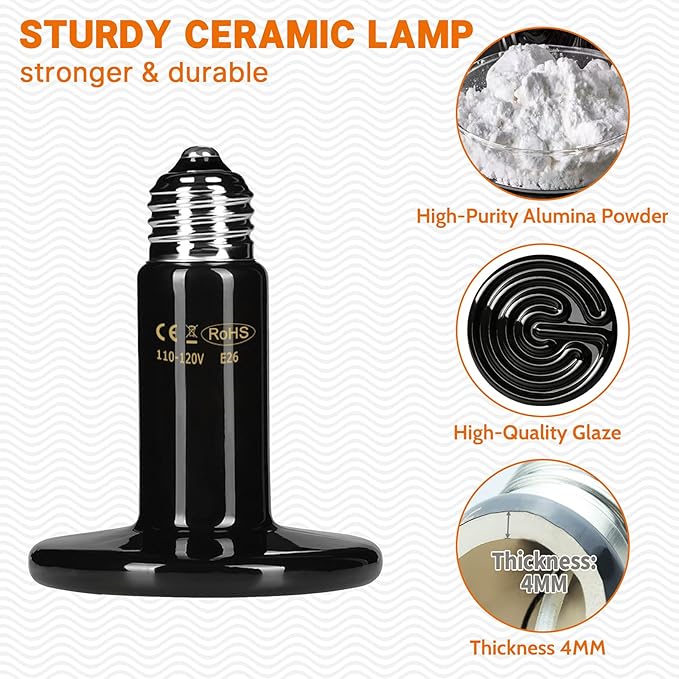 200W Ceramic Heat Emitter - Black Reptile Heat Bulb - Infrared Reptile Heat Lamp for Lizards, Amphibians, Turtles, Dogs, Cats - Ideal for Pet Heating - No Light, No Harm - ETL Listed HARTOMPET