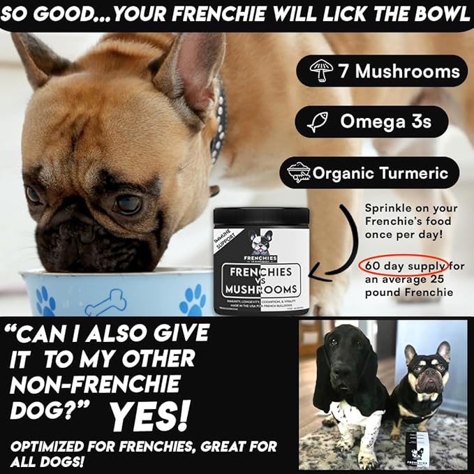 French Bulldog Optimized Mushroom Supplement for Dogs w/Turkey Tail Mushroom, Omega-3, Organic Turmeric – Mushroom Powder Super Food Topper for Dog Immune Support, Digestion, Allergies & Longevity PAWPICO