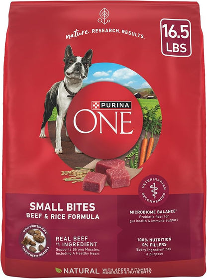 Purina ONE Small Bites Beef and Rice Formula Small High Protein Dry Dog Food Natural With Added Vitamins, Minerals and Nutrients - 16.5 lb. Bag - PAWPICO
