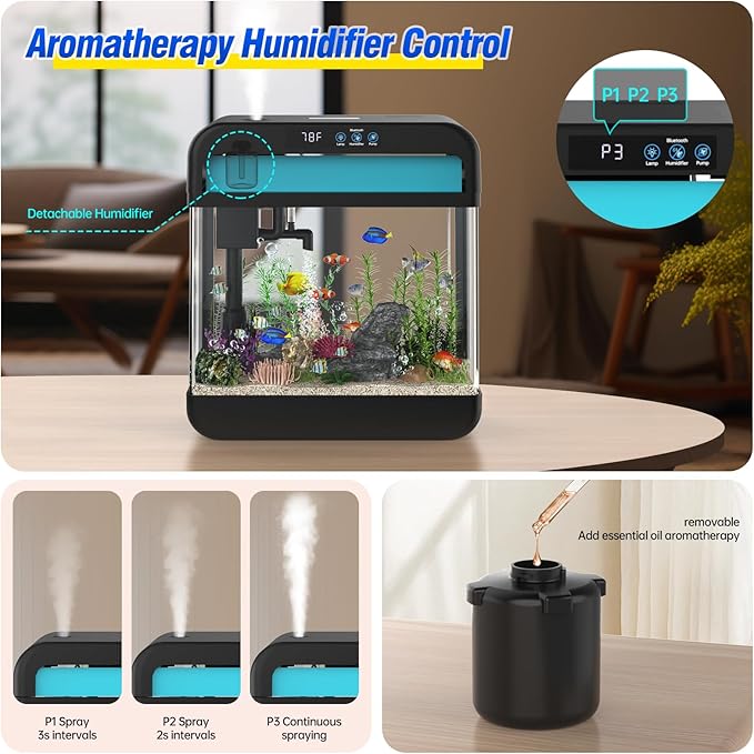 Small Fish Tank Aquarium 2.2 Gallon Glass Fish Tank Starter Kits with Silent Filter Pump, LED Light, humidifier and Betta Fish Tank Wilody