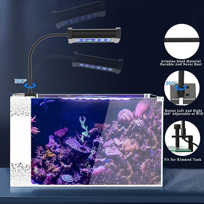 Lominie Small LED Aquarium Light Full Spectrum, 2-Channel Dimmable Fish Tank Light with Adjustable Gooseneck for Saltwater, Coral Nano Tank (Saltwater) Lominie