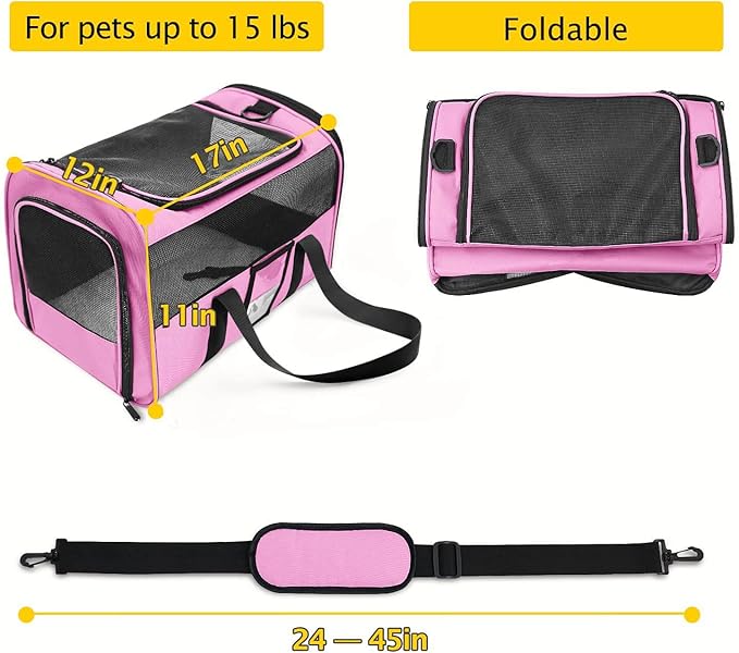 Refrze Pet Carrier Airline Approved, Cat Carriers for Medium Cats Small Cats, Soft Dog Carriers for Small Dogs Medium Dogs, TSA Approved Pet Carrier for Cats Dogs of 15 Lbs, Puppy Carrier,Pink - PAWPICO