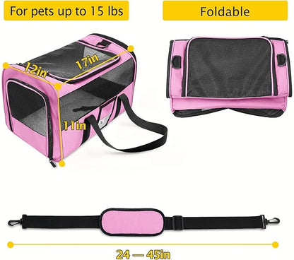 Refrze Pet Carrier Airline Approved, Cat Carriers for Medium Cats Small Cats, Soft Dog Carriers for Small Dogs Medium Dogs, TSA Approved Pet Carrier for Cats Dogs of 15 Lbs, Puppy Carrier,Pink - PAWPICO