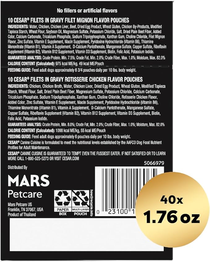 Cesar Filets in Gravy Wet Dog Food Filet Mignon Flavor and Rotisserie Chicken Flavor Variety Pack, 1.76 oz. Mini-Pouches, 20 Pack (Pack of 2) - PAWPICO