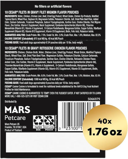 Cesar Filets in Gravy Wet Dog Food Filet Mignon Flavor and Rotisserie Chicken Flavor Variety Pack, 1.76 oz. Mini-Pouches, 20 Pack (Pack of 2) - PAWPICO
