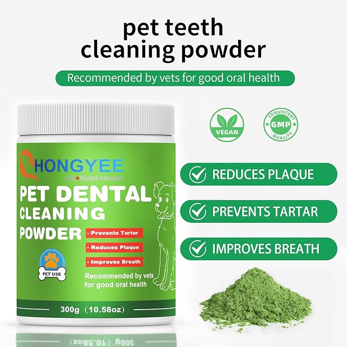 Dog Dental Powder(10.58OZ)-Teeth Cleaning Powder for Dogs, Plaque Off Powder for Dogs & Cats Breath Freshener Powder for Bad Breath, Tartar Remover, for Small/Medium/Large/Giant Dog HONGYEE-NH