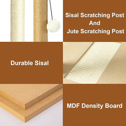 PAWSFANS Small Cat Scratching Post Toys,Sisal Jute 2 Scratch Posts for Kittens and Cats,Hanging Ball with Feather Spring Ball 16inches Beige - PAWPICO