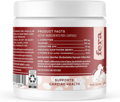 Fera Pets Cardiac Supplement for Dogs & Cats – 120 Capsules - Vet Created -Cardiovascular Function & Strength-Taurine, CoQ10, Organic Hawthorne Berry FeraPets