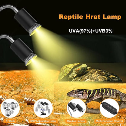 Reptile Heat Lamp,Double-Head Heating Lamp for Reptiles, UVA/B Turtle Lamp with Clamp, Separate Control, Turtle Light,Basking Light for Reptiles Bearded Dragon Turtle Snake, 3 Basking Bulbs. ZJNBMTFY