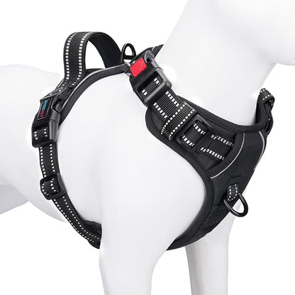 PHOEPET Reflective Dog Harness Large Breed Adjustable No Pull Vest with with Handle 2 Metal Rings 3 Buckles [Easy to Put on & Take Off](L, Black) - PAWPICO