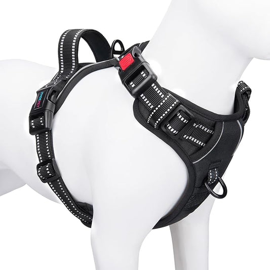 PHOEPET Reflective Dog Harness Large Breed Adjustable No Pull Vest with with Handle 2 Metal Rings 3 Buckles [Easy to Put on & Take Off](L, Black) - PAWPICO