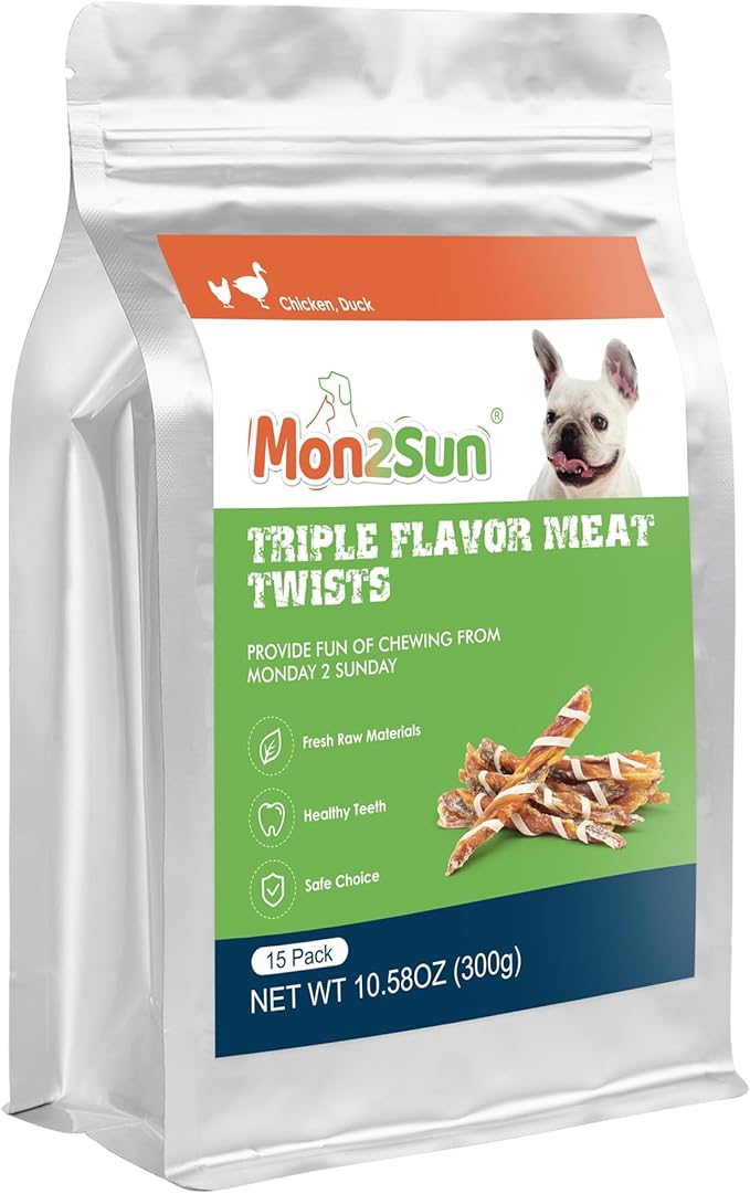 MON2SUN Dog Treats, Triple Flavor Jerky Twist Sticks, 5-7 Inch Chicken Duck and Codfish Sticks Dog Chews for Small Dogs, Healthy Dog Snacks, 10.58 oz (15 Count-Pack of 1) - PAWPICO
