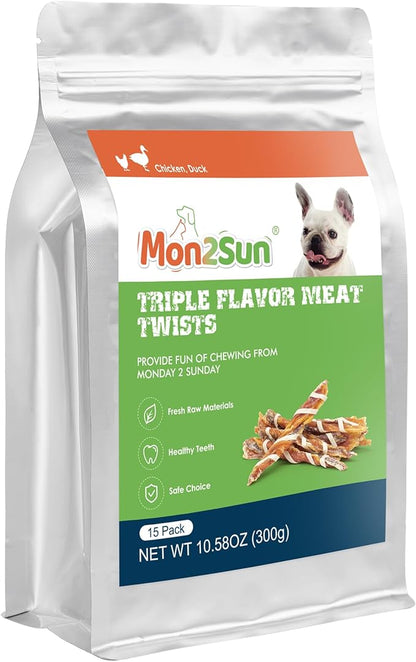 MON2SUN Dog Treats, Triple Flavor Jerky Twist Sticks, 5-7 Inch Chicken Duck and Codfish Sticks Dog Chews for Small Dogs, Healthy Dog Snacks, 10.58 oz (15 Count-Pack of 1) - PAWPICO