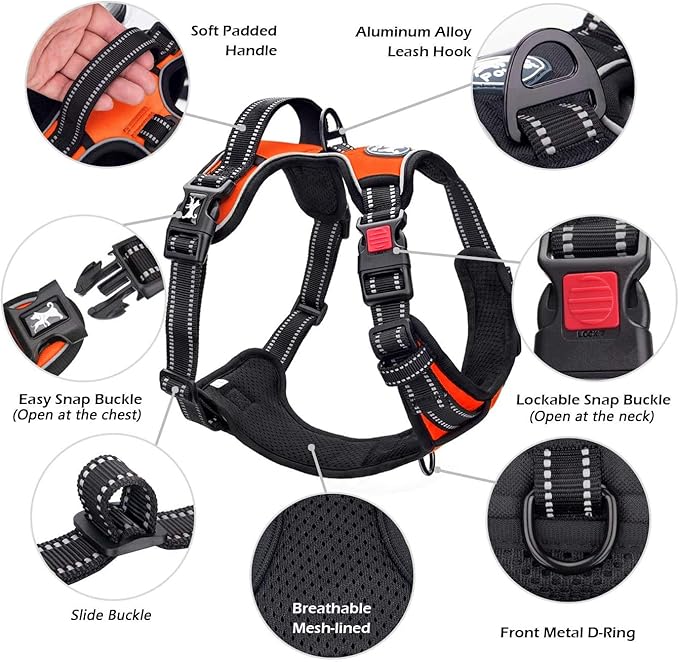 PoyPet No Pull Dog Harness, No Choke Front Clip Dog Reflective Harness, Adjustable Soft Padded Pet Vest with Easy Control Handle for Small to Large Dogs(Orange,XS) PoyPet