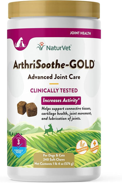 NaturVet Arthrisoothe Glucosamine for Dogs – Dog Supplement with Glucosamine, MSM, Chondroitin & Hyaluronic Acid – ArthriGold Level 3 – 240 Soft Chews NaturVet
