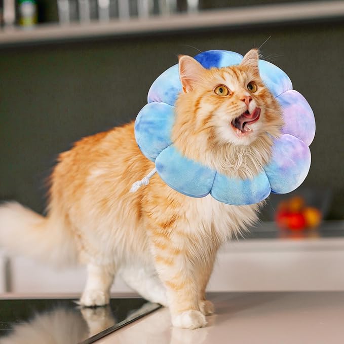 Flower Cat Cone, Uadonile Adjustable Cat Cone Collar, Soft Dog Elizabethan Collar Recovery E Collar After Surgery, Recovery E-Collar for Kittens/Puppies and Cats Recovery(Tie-dye Purple Blue, L) Uadonile