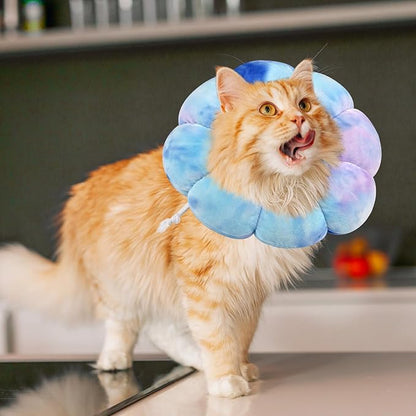 Flower Cat Cone, Uadonile Adjustable Cat Cone Collar, Soft Dog Elizabethan Collar Recovery E Collar After Surgery, Recovery E-Collar for Kittens/Puppies and Cats Recovery(Tie-dye Purple Blue, L) Uadonile