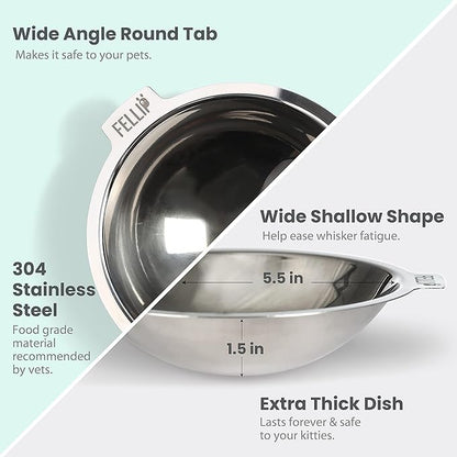 Felli Pet Oblik Whisker Fatigue Cat Bowl Raised Stainless Steel Shallow Dish, Tilted Anti Vomit Non Spill Wide Metal Plate for Puppy Small Dog, Slanted Dry Wet Food Feeder Elevated (0.5Cup, Classic) - PAWPICO
