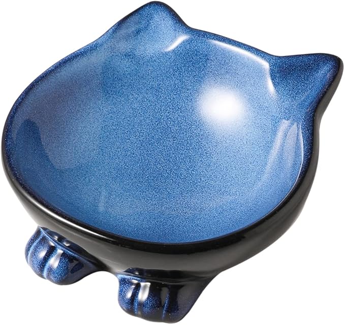 Nihow Ceramic Basic Cat Bowls: 5 Inch Cat Bowl for Food & Water - Food Grade Cat Dish for Small-Sized Cat - Microwave & Dishwasher Safe -Elegant Blue & Black (4.25 OZ /1 PC) - PAWPICO