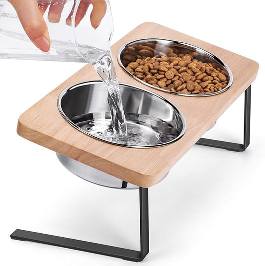 Elevated Cat Bowls, 15° Tilted Raised Cat Food Bowls Wood Pet Bowls with Stand Anti Vomiting 2 Stainless Steel Bowls for Cats and Puppy - PAWPICO