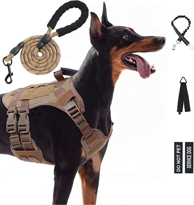 No Pull Tactical Dog Harness for Small Dogs, Escape Proof Molle Dog Vest Harness and Leash Set, Adjustable Military Service Dog Harness with Handle for Medium Large Dogs(Brown, Small) Yungaspy