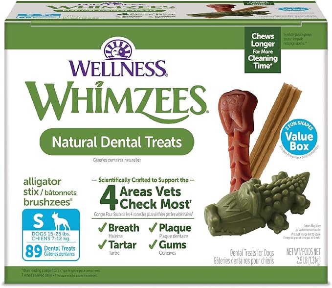 WHIMZEES by Wellness Value Box Natural Dental Chews for Dogs, Long Lasting Treats, Grain-Free, Freshens Breath, Small Breed, 89 count - PAWPICO