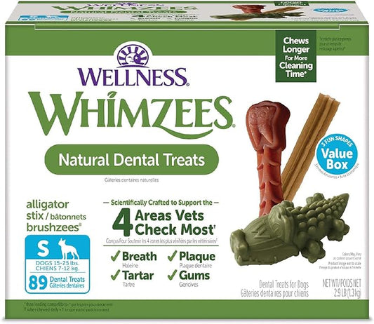 WHIMZEES by Wellness Value Box Natural Dental Chews for Dogs, Long Lasting Treats, Grain-Free, Freshens Breath, Small Breed, 89 count - PAWPICO