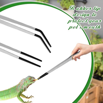 Lasnten 2 Pcs Extra Long Stainless Steel Reptile Feeding Tongs with Rubber Tip Bearded Dragon Aquarium Straight and Curved Long Tweezer Terrarium Feeder Tool for Tank(Silver, 15 Inch) Lasnten