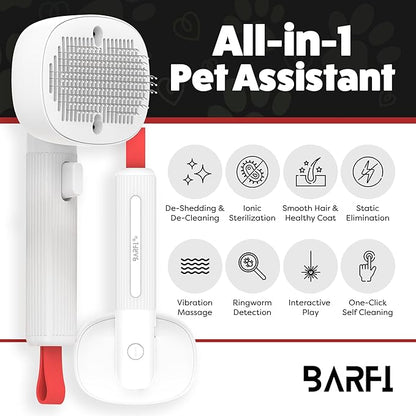 BARFI Pet Brush - Self-Cleaning Pet, Cat, Dog Shedding Brush - Multi-Functional Grooming Tool with Negative Ion Technology, Vibrating Massager, Wood's Lamp (White) - Free Pet Bowl - PAWPICO