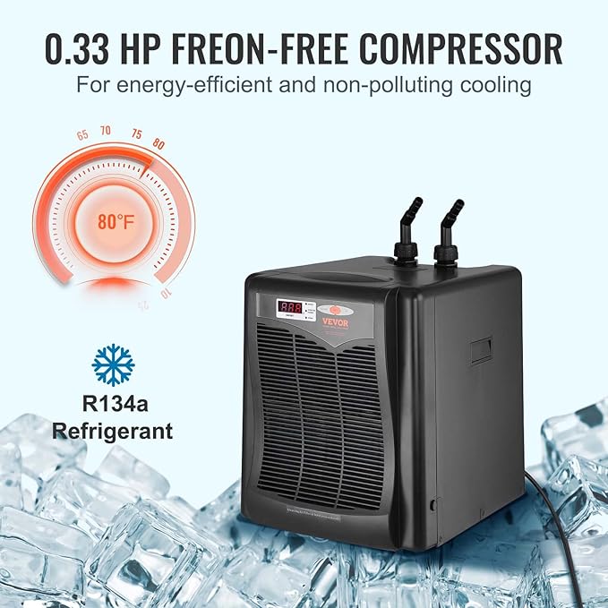VEVOR Aquarium Chiller, 110 Gal 416 L, 1/3 HP Hydroponic Water Chiller, Quiet Refrigeration Compressor for Seawater and Fresh Water, Fish Tank Cooling System with Pump/Hose, for Jellyfish, Coral Reef VEVOR