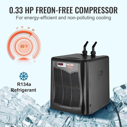 VEVOR Aquarium Chiller, 110 Gal 416 L, 1/3 HP Hydroponic Water Chiller, Quiet Refrigeration Compressor for Seawater and Fresh Water, Fish Tank Cooling System with Pump/Hose, for Jellyfish, Coral Reef VEVOR