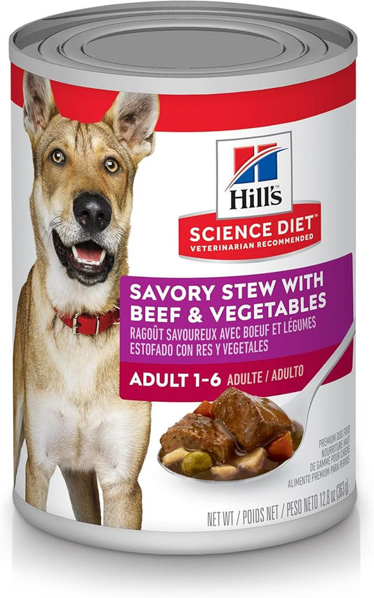 Hill's Science Diet Adult 1-6, Adult 1-6 Premium Nutrition, Wet Dog Food, Beef & Vegetables Stew, 12.8 oz Can, Case of 12 - PAWPICO