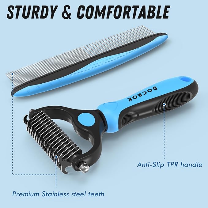 Pet Grooming Combo - Blue Deshedding Brush with Metal Comb for Detangling and Dematting Long, Matted Fur on Cats and Dogs - PAWPICO