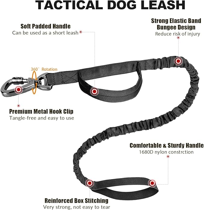 Tactical Dog Collar and Bungee Leash,Military Dog Collar & Leash Set with USA American Flag Adjustable K9 Collar with Heavy Duty Metal Buckle & Handle,with Patches and Airtags Case(XL, Black) Celifelight