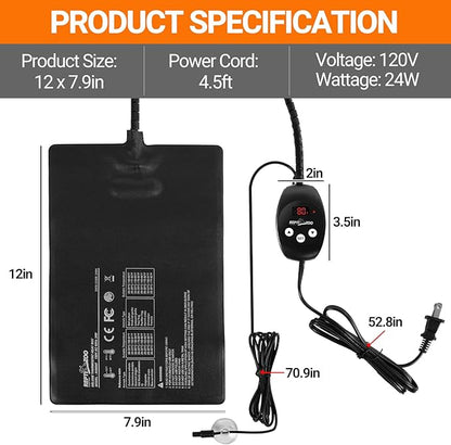 REPTI ZOO 8" X 12" Reptile Heat Pad 24W Fast Heating Pad with Adjustable Thermostat Reptile Heat Mat for Turtles/Hermit Crabs/Bearded Dragons/Leopard Geckos/Snakes/Lizards, and Seed Germination REPTIZOO