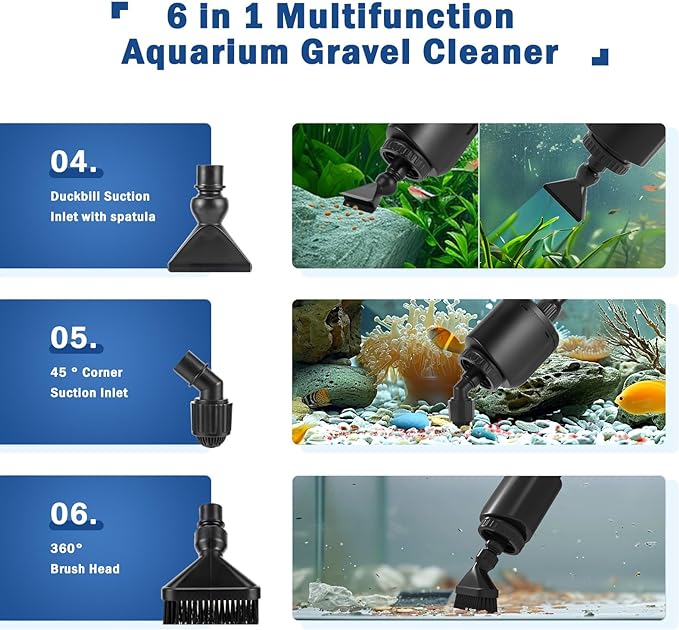 AQQA Aquarium Gravel Cleaner Kit, 6 in 1 Electric Fish Tank Vacuum Cleaning Tools Water Changer, Multifunction Wash Sand Filter Water Circulation 20W 320GPH 110V AQQA